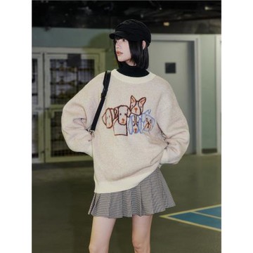 PSO Brand男女裝混紡涂鴉小狗提花針織衫圓領毛衣秋冬慵懶風上衣