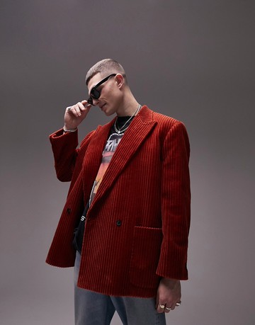 Topman boxy oversized large cord blazer in rust-Orange