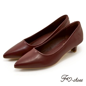FM SHOES 復古尖頭軟皮小貓跟鞋 酒紅
