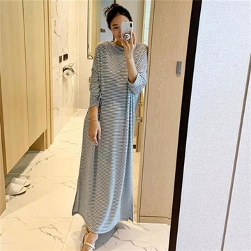 【巴黎精品】洋裝長袖連身裙-舒適寬鬆大碼長袖條紋打底連身女裙子藍白色a1in32