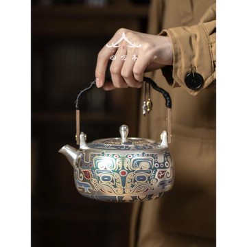 敦煌文創茶具茶壺金銀錯提梁壺煮茶壺陶瓷鎏銀單壺燒水壺999手工