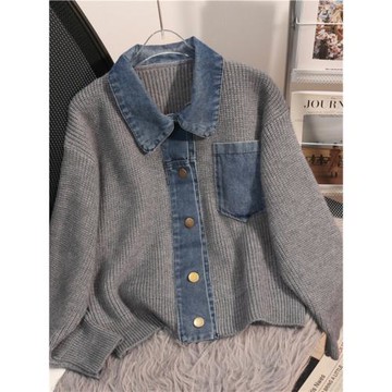 2025新款復古牛仔領拼接針織外套女寬松短款假兩件設計感小眾開衫