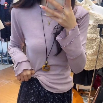 【薇衣】德絨秋冬長袖 純色木耳邊長袖 磨毛拼接減齡內搭 打底衫女 上衣長袖 長袖上衣 內搭上衣女 長袖 t恤女