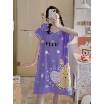 睡裙女春秋夏季薄款睡衣新款短袖少女仿棉綢媽媽裝肥大碼卡通可愛