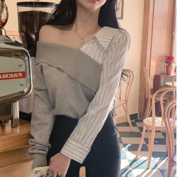 設計感小眾法式氣質針織衫女2025春秋洋氣不規則拼接襯衫長袖上衣