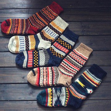 民族風襪子男士日系粗線襪復古毛線中筒提花高幫潮流花襪ins長筒