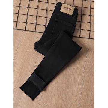 黑色高腰加絨緊身小腳牛仔褲女2025新款修身顯瘦彈力百搭鉛筆褲子