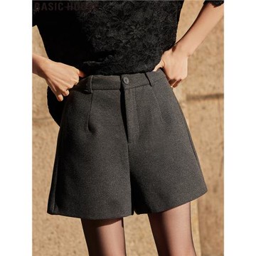 (免運)Basic House/百家好長腿公式灰色毛呢短褲女秋季遮胯顯瘦A字靴褲