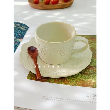 LS 日式復古浮雕紅茶杯益子燒粗陶咖啡杯碟陶瓷杯子220ml杯碟
