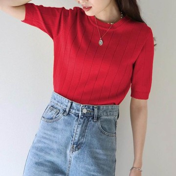 日本 BLUE EAST - 羅紋彈性薄針織短袖上衣-復古紅