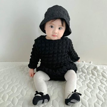 女寶寶嬰兒幼兒春秋裝泡泡格子方領長袖上衣+大PP短褲兩件套