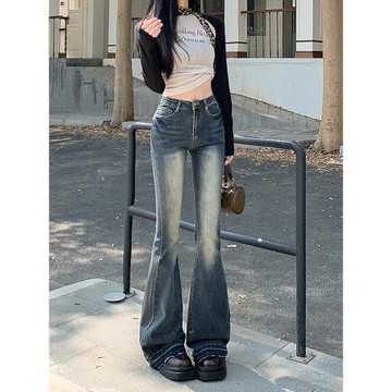 美式復古微喇牛仔褲女2025新款春秋高腰顯瘦垂感彈力馬蹄喇叭褲子