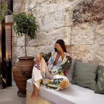 歐美跨境2025新獨立站速賣通時尚個性印花馬卡龍亞麻長袖襯衫套裝