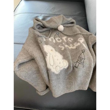 深秋初冬韓系穿搭灰色刺繡連帽針織衫毛衣女慵懶風奶呼呼帽衫上衣