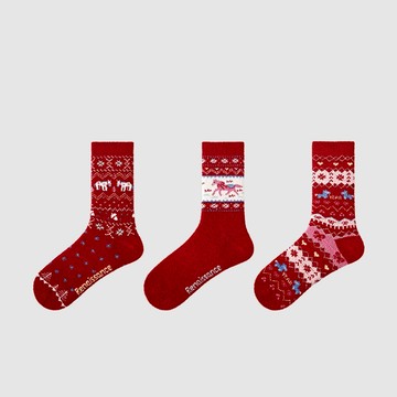 3雙裝 紅襪子女中筒襪長襪可愛馬新年聖誕