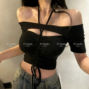 【太妮絲ST09】現貨 韓系 胸墊上衣 一字肩上衣 繞脖上衣 抽繩上衣 短版上衣 綁帶上衣 辣妹性感 鎖骨上衣 短袖上衣