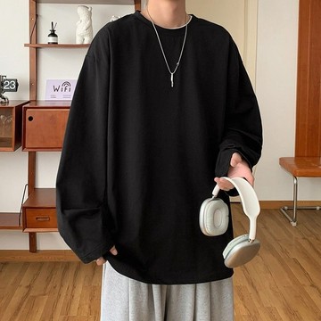 cleanfit黑色打底衫男秋季純色潮牌美式長袖t恤寬鬆大碼內搭上衣
