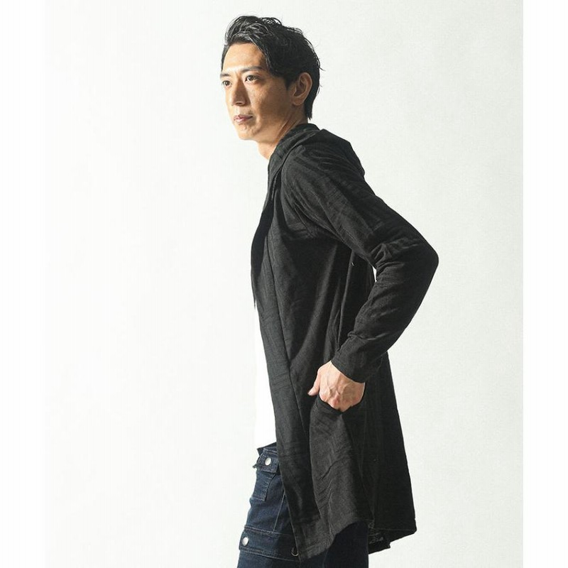 カーディガン メンズ ロングカーディガン 幾何学柄 フード付き