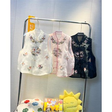 歐洲站2025年夏季季時尚復古新中式國風盤扣刺繡歐根紗薄款馬甲女