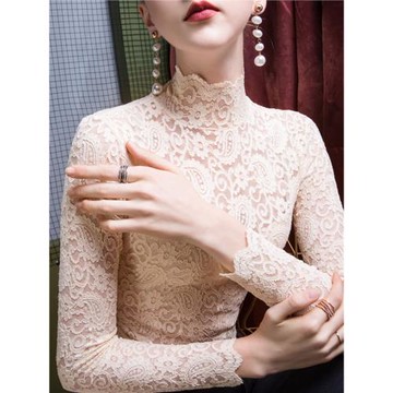 秋冬蕾絲打底衫女高領加絨內搭修身洋氣性感小衫網紗女裝T恤上衣