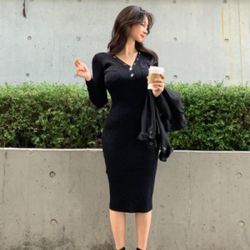 ニットワンピース タイトワンピース レディース 膝丈 ストレッチ リブニット 通勤 オフィス 仕事 スリム エレガント 韓国風 ビジネス お 通販 Lineポイント最大get Lineショッピング