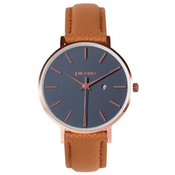 PICONO Siempre 簡約玫瑰金法國真皮錶帶對錶手錶 / SI-11001 藍色 女款