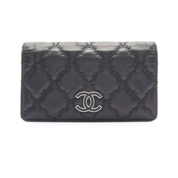 CHANEL 香奈兒 黑色 羊皮 Double Stitch Hamptons 兩折長夾 無卡 A69094 【二手名牌BRAND OFF】
