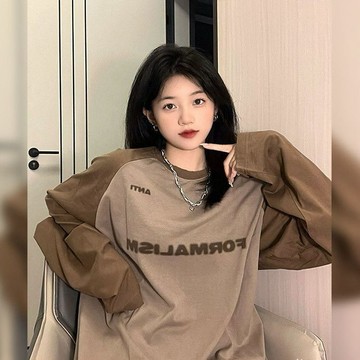 【XL-8XL大尺碼】👩長袖 寬鬆v領長袖 休閒長袖T恤   大碼胖mm300斤撞色正肩顯瘦T恤女長袖春