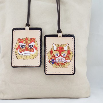 雙層皮革古布悠遊卡套證件套 平安吉祥獅