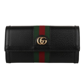 GUCCI  Ophidia金屬雙G織帶皮革翻釦長夾(黑)
