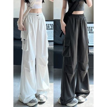 白色冰絲工裝褲女夏季薄2025新款高腰顯瘦降落傘褲美式速干運動褲