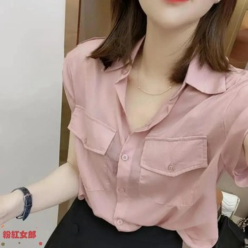 Polo領純色氣質通勤百搭顯瘦短袖襯衫上衣女夏季新款寬松小衫 大尺碼女裝 短袖上衣 夏季女裝 氣質上衣 韓版襯衫