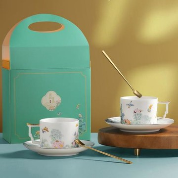 咖啡杯碟套裝伴手禮家用陶瓷喝茶杯子帶勺辦公室茶咖杯防燙禮盒裝