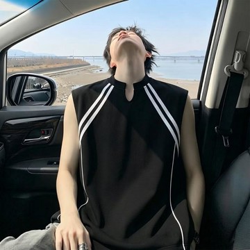 美式复古运动V领拉無袖上衣男女夏季情侣宽松条纹休閒上衣潮