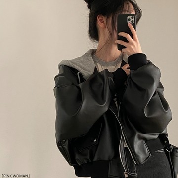 chic秋冬小衆復古拉鍊雙口袋休閒寬鬆百搭假兩件連帽皮衣外套