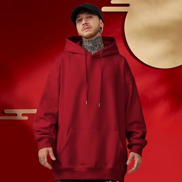 馬年新款2026春季帽衫純色寬松加絨紅色連帽衛衣男大碼男裝打底衫