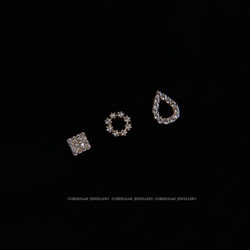 【微鑲系列第二期】S925純銀 花環/方形/鏤空水滴 精致鑲嵌耳釘1入