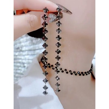 波西米亞黑水晶耳環女2025年新款潮時尚冷淡風耳飾純銀針流蘇耳線