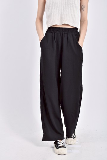 (S) 高腰鬆緊腰黑色長褲