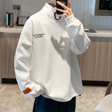 半高領白色加絨加厚衛衣男胖子大碼男裝秋冬2021新款oversize外套