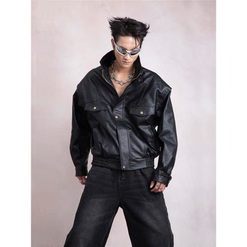 PLAN1ONE重磅復古荔枝軟皮外套高級感黑色帥氣短款夾棉機車服皮衣