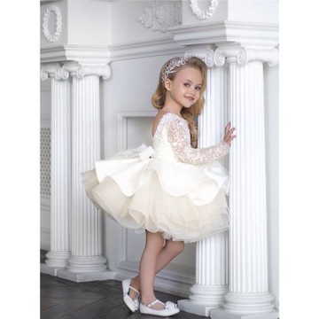 女童白色生日禮服兒童公主蓬蓬裙高端洋氣女孩主持走秀長袖演出服