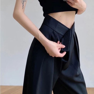 休閑薄款西裝闊腿褲女小個子高腰垂感黑色寬松直筒褲冰絲拖地夏季