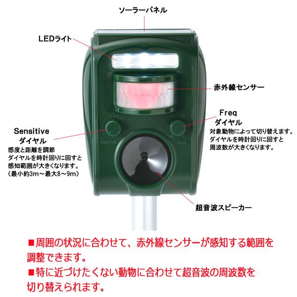 庭や家庭菜園・田畑を荒らさせない！ソーラー充電式鳥獣リペラー  (コウモリ ネズミ 威嚇 夜行動物 死活問題 深刻な被害)