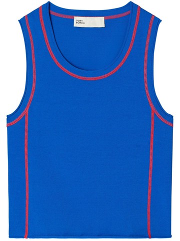 Tory Burch - contrastim-trim sleeveless knitted top - women - Viscose/Polyester - M - Blue