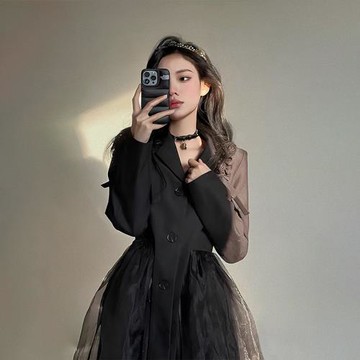 2025年早秋新款輕熟風高級感西裝裙小個子網紗吊帶連衣裙兩件套裝