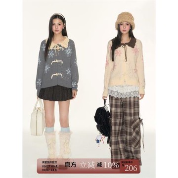 FPMZ撞色勾花領雪花毛衣開衫牛角扣針織衫學院風寬松顯瘦上衣外套