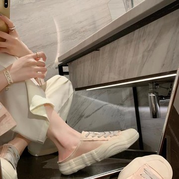 西班牙小眾帆布鞋女夏外穿溶解厚底半拖鞋綢緞百搭休閑單鞋小白鞋