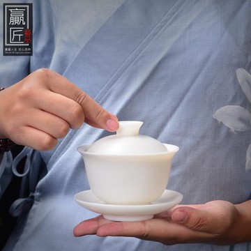 贏匠 白瓷功夫茶三才碗手工陶瓷素燒茶碗杯羊脂玉瓷結婚敬茶蓋碗