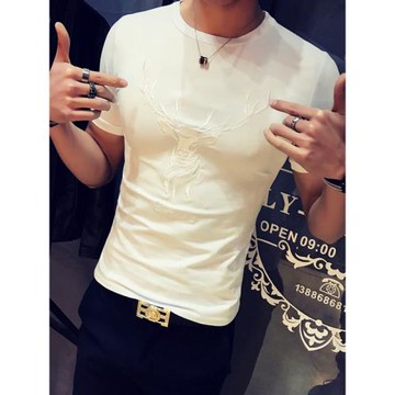 圓領T恤男短袖個性印花緊身韓版青春男士半袖上衣潮流休閑體恤衫